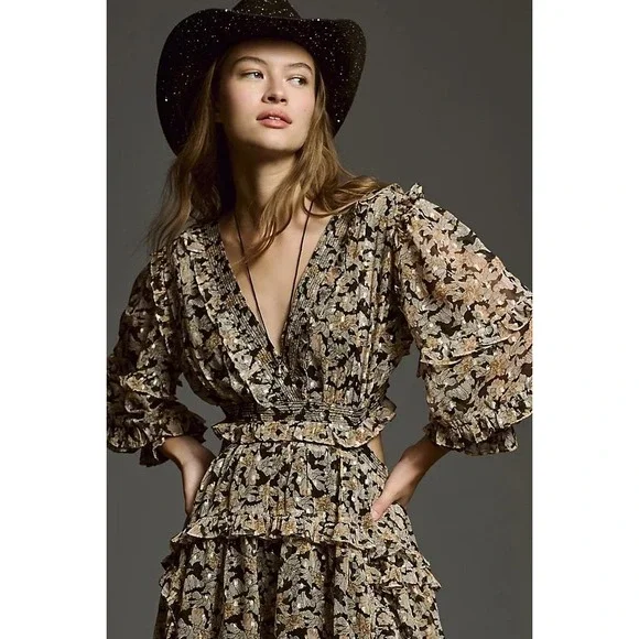 Anthropologie Neitr Mot Dress Medium Floral Ruffle Trim‎ Long Sleeve Mini - Picture 10 of 12